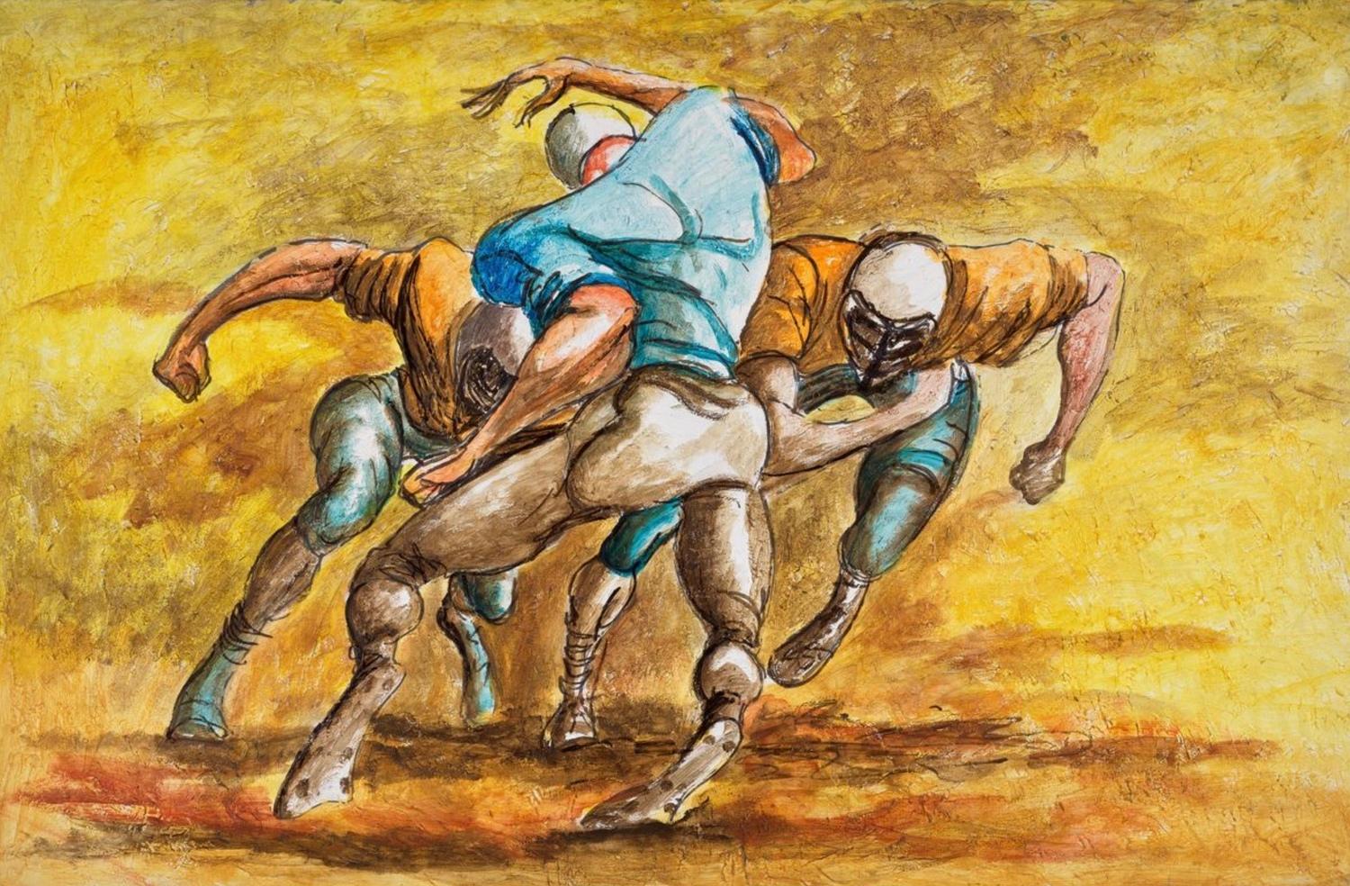 Blue Player vs 2 Orange Football Players, 1989